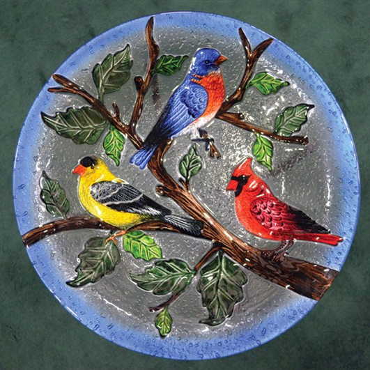 Embossed Songbird Trio Glass Birdbath