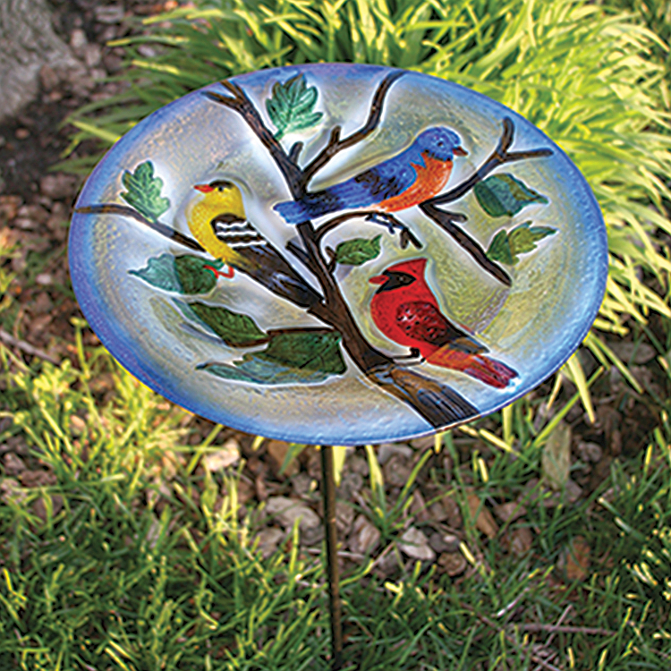 Embossed Songbird Trio Glass Birdbath Staked