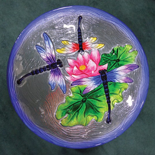 Embossed Dragonfly Trio Glass Birdbath
